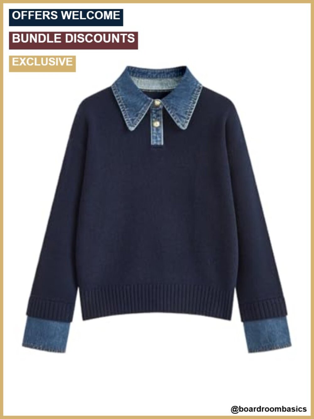 Womens Oversized Knit Sweater Denim Panel Polo Collar Pullover
